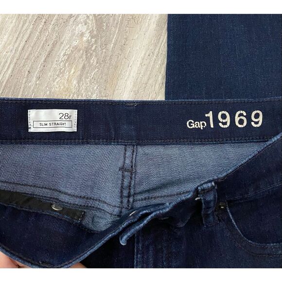 Gap 1969 Slim Straight Womens Jeans Raw Hem Dark Wash Sz 28r - Picture 3 of 4